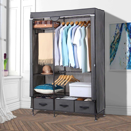 On amazon lifewit full metal closet organizer wardrobe closet portable closet shelves with adjustable legs non woven fabric clothes cover and 3 drawers sturdy and durable