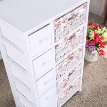 Load image into Gallery viewer, Heavy duty durable dresser storage tower 5 drawers with wicker baskets sturdy frame wood top easy pulling organizer unit for bedroom hallway entryway closet white