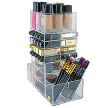 Load image into Gallery viewer, Save on spinning makeup organizer rotating tower acrylic all in one lipstick lip gloss makeup brush holder drawers pockets for eyeshadows compacts blushes powders perfume