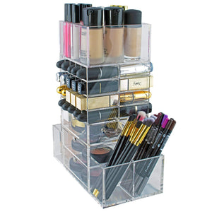 Save on spinning makeup organizer rotating tower acrylic all in one lipstick lip gloss makeup brush holder drawers pockets for eyeshadows compacts blushes powders perfume