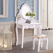 Load image into Gallery viewer, Amazon casart vanity dressing table with mirror and stool 360 rotating oval makeup mirror classic style delicate carved cushioned benches wood legs vanity tables with divided drawers white