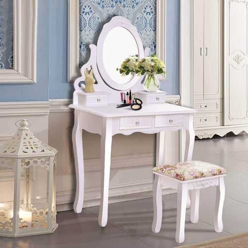 Amazon casart vanity dressing table with mirror and stool 360 rotating oval makeup mirror classic style delicate carved cushioned benches wood legs vanity tables with divided drawers white