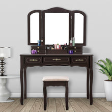 Load image into Gallery viewer, Try youke vanity set tri folding necklace hooked mirror 7 drawers makeup dressing table with cushioned stool easy assemblebrown
