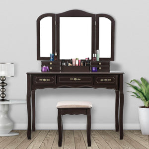 Try youke vanity set tri folding necklace hooked mirror 7 drawers makeup dressing table with cushioned stool easy assemblebrown