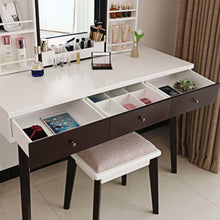 Load image into Gallery viewer, Storage organizer bewishome vanity set with mirror cushioned stool storage shelves makeup organizer 3 drawers white makeup vanity desk dressing table fst05w