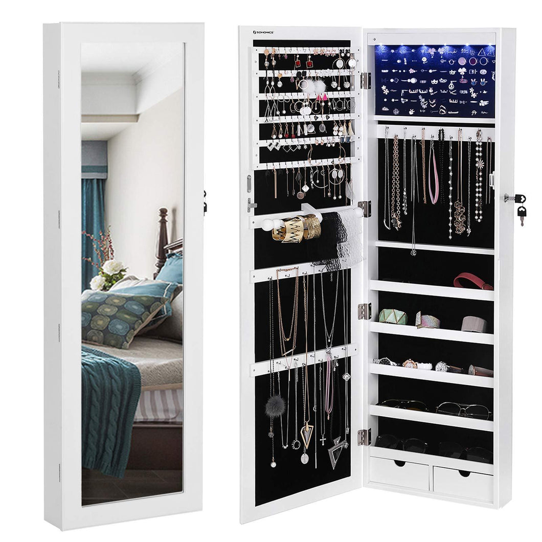 Save songmics 6 leds mirror jewelry cabinet lockable wall door mounted jewelry armoire organizer with mirror 2 drawers pure white ujjc93w