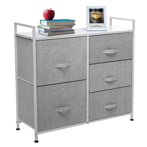 Top kingso fabric 5 drawer dresser storage tower organizer unit with sturdy steel frame and easy pull faux linen drawers for bedroom living room guest room dorm closet grey