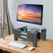 Load image into Gallery viewer, Discover the best monitor stand riser with dual storage drawers adjustable computer screen riser printer stand desk organizer with phone and tablet slot removable holder for pen pencil office supplies by huanuo