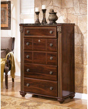 Load image into Gallery viewer, The best ashley furniture signature design gabriela chest of drawers 5 drawer dresser antiqued goldtone dark reddish brown