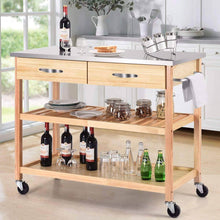 Load image into Gallery viewer, Save on giantex kitchen trolley cart rolling island cart serving cart large storage with stainless steel countertop lockable wheels 2 drawers and shelf utility cart for home and restaurant solid pine wood