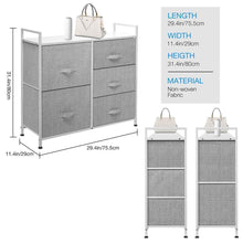 Load image into Gallery viewer, Amazon best kingso fabric 5 drawer dresser storage tower organizer unit with sturdy steel frame and easy pull faux linen drawers for bedroom living room guest room dorm closet grey
