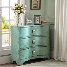 Load image into Gallery viewer, Top madison park fulton accent chest wood living room 3 drawer storage unit cracked antique blue teal antique rustic style floor cabinet