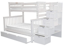 Load image into Gallery viewer, Buy now bedz king stairway bunk beds twin over full with 4 drawers in the steps and a twin trundle white
