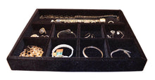 Load image into Gallery viewer, Budget jewelry drawer organizer wood and velvet tray for jewels rings necklaces bracelets 10 compartments protects jewelry drawer insertable stackable and durable made in usa black 15x12x2