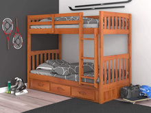 Load image into Gallery viewer, Order now discovery world furniture mission twin over twin bunk bed with 3 drawers desk hutch chair and 5 drawer chest in honey finish