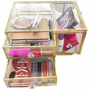 Cheap antique beauty display clear glass 3drawers palette organizer cosmetic storage makeup container 3cube hoder beauty dresser vanity cabinet decorative keepsake box