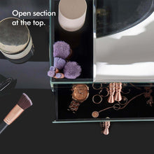 Load image into Gallery viewer, Kitchen beautify mirrored glass cosmetic makeup jewelry organizer with 3 drawers and makeup brushes section includes glass cleaning cloth and rose gold handles