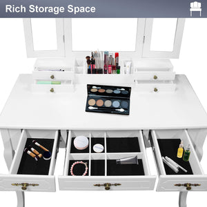 Shop here vanity beauty station large tri folding necklace hooked mirrors 6 organization 7 drawers makeup dress table with cushioned stool set white