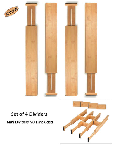 SKATCO Bamboo Drawer Dividers - Spring Adjustable Kitchen Drawer Organizers - Set of 4 Bamboo Drawer Organizer - Drawer Divider for the Kitchen, Bedroom, Dresser, Office, Bathroom - Natural