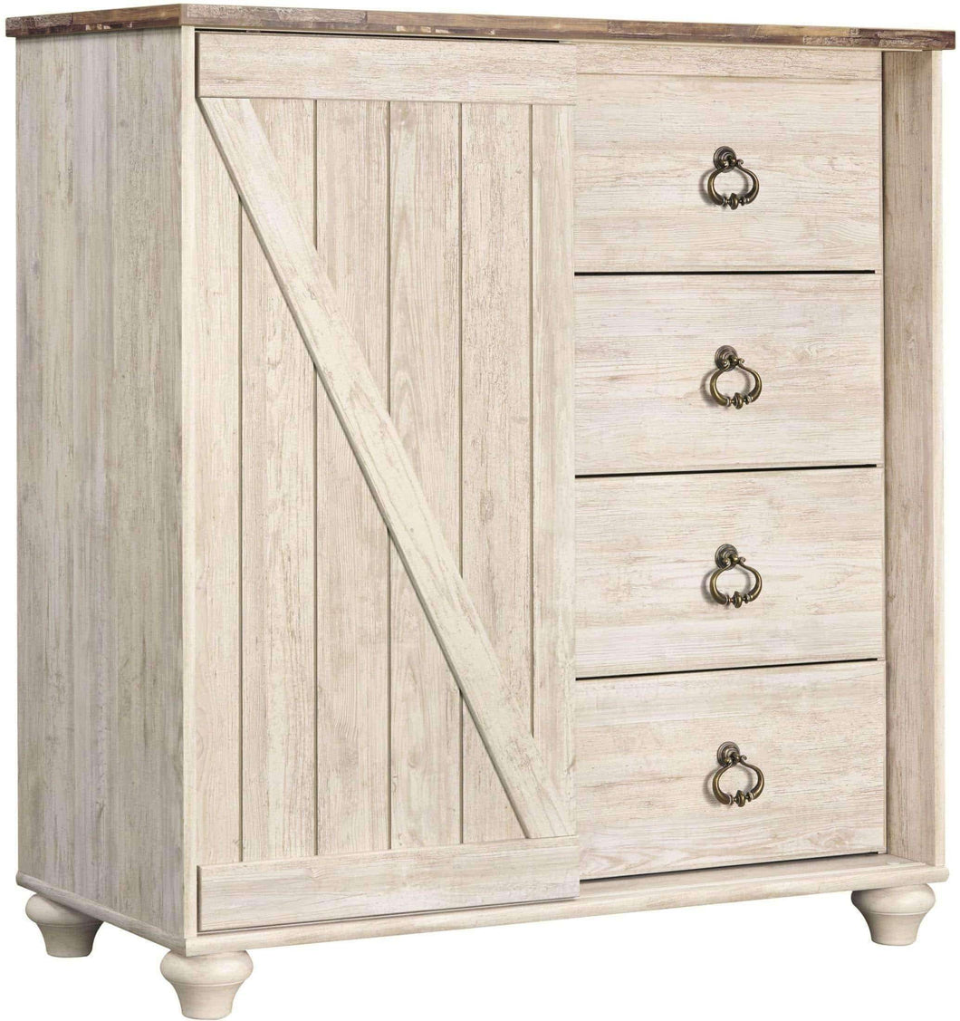 Explore ashley furniture signature design willowton dressing chest casual 4 drawers sliding door storage whitewash finish faux plank top antiqued brass hardware