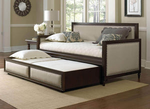 Shop here leggett platt grandover wood daybed with cream upholstered panels and roll out trundle drawer espresso finish twin
