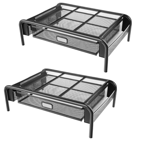Exclusive monitor stand riser mesh metal printer stand holder with pull out storage drawer and side compartments pockets for computer laptop imac desk pens phones calculators by huanuo 2 pack black