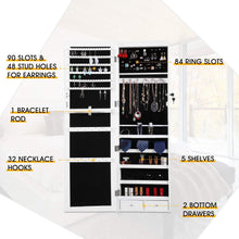 Load image into Gallery viewer, Kitchen cloud mountain jewelry cabinet 6 leds jewelry armoire lockable wall door mounted jewelry cabinet organizer with mirror 2 drawers bedroom living room cloakroom closet white
