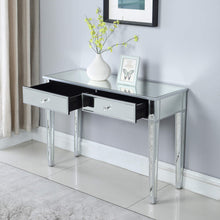 Load image into Gallery viewer, Latest mirrored 2 drawer media console table ga home makeup table desk vanity for women home office writing desk smooth matte silver finish with faux crystal knobs
