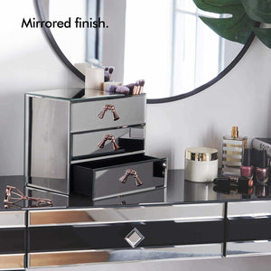 Heavy duty beautify mirrored glass cosmetic makeup jewelry organizer with 3 drawers and makeup brushes section includes glass cleaning cloth and rose gold handles