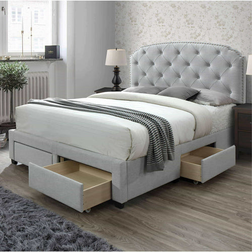 Save dg casa 12350 k plt argo tufted upholstered panel bed frame with storage drawers and nailhead trim headboard king size in platinum linen style fabric