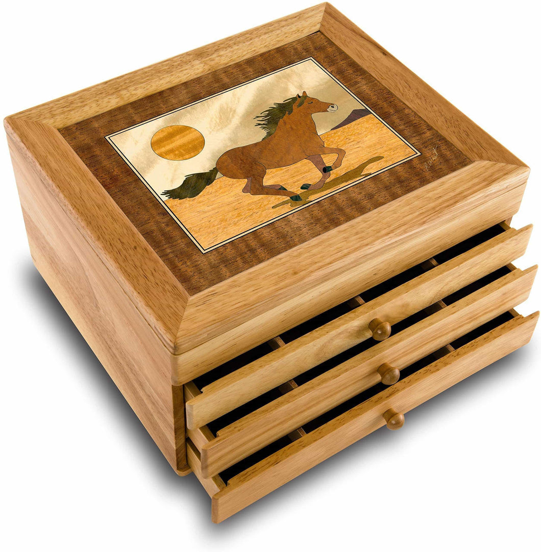Shop marqart horse wood art jewelry box gift handmade usa unmatched quality unique no two are the same original work of wood art 7016 mustang 3 drawer