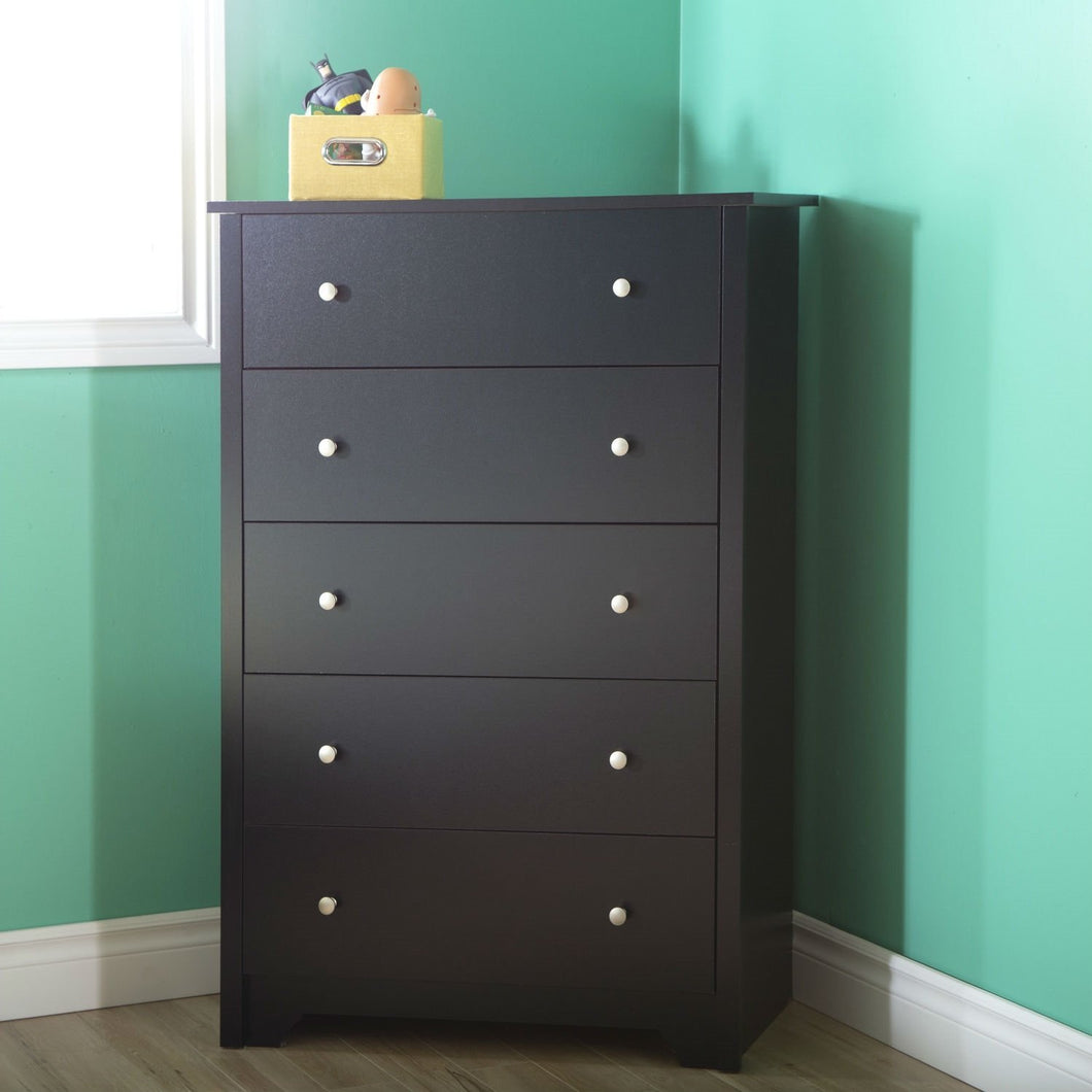 5-Drawer Bedroom Chest in Black Wood Finish and Nickle Finish Knobs